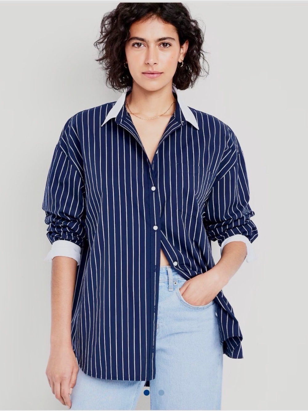 Old Navy Oversized Navy & White Pinstripe Button-Up Blouse with Contrast Collar